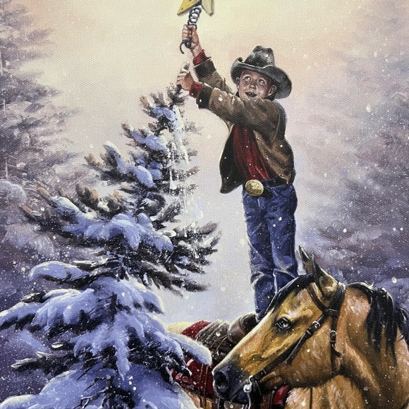 Jack Sorensen Canvas Wall Art Boy Hanging A Star On A Snow Flocked Tree 20”x16” - Picture 12 of 12